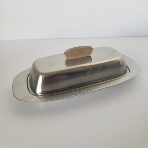 Vintage Purinox Italy Stainless Steel Butter Dish Mid Century Modern Wood Handle